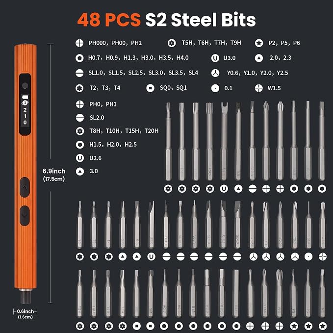 52-in-1 Electric Precision Screwdriver Set, Mini Electric screwdriver, 48 S2 Bits with ABS Magnetic Storage, for precision repair of watch, camera, Laptop, Gaming Consoles (Orange)