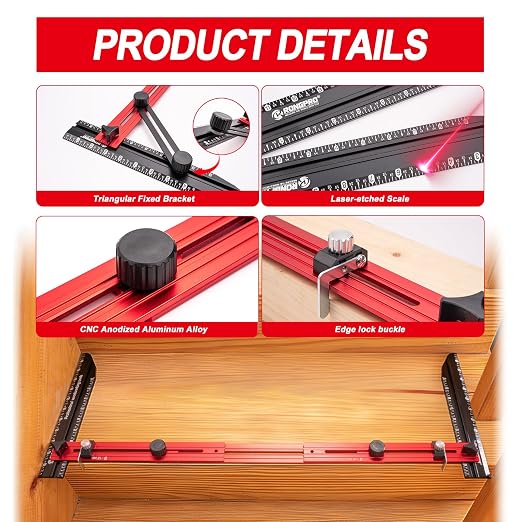 Stair Tread Template Tool, Stair Gauge Set Shelf Layout Measuring Scribe Tool for Stairs, Risers, Partitions, Self and Cutting Drywall - Red