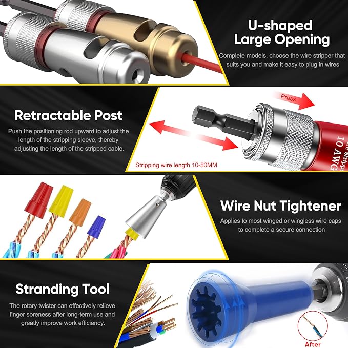 Mriykio Wire Stripper Tool & Wire Twister Tool for Drill, 6-14 AWG, 8-in-1 Electrician Tools Kit, Fits 1/4" Hex Drills, Wire Stripper for Drill with Storage Case, for Electricians & DIY Users