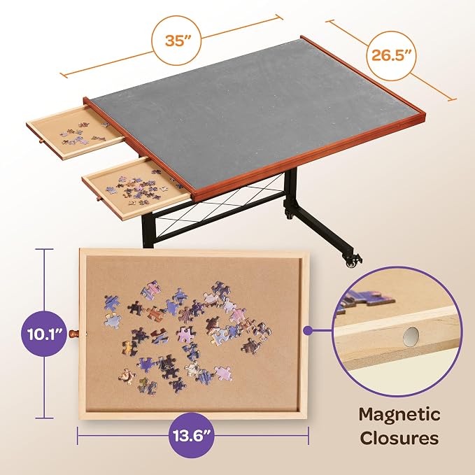 JoyBerri Puzzle Station – 1500 Piece Jigsaw Puzzle Table with Drawers & Adjustable Legs, Portable & Height Adjustable for All Ages, Includes Station Cover & Bonus 1000 Piece Puzzle