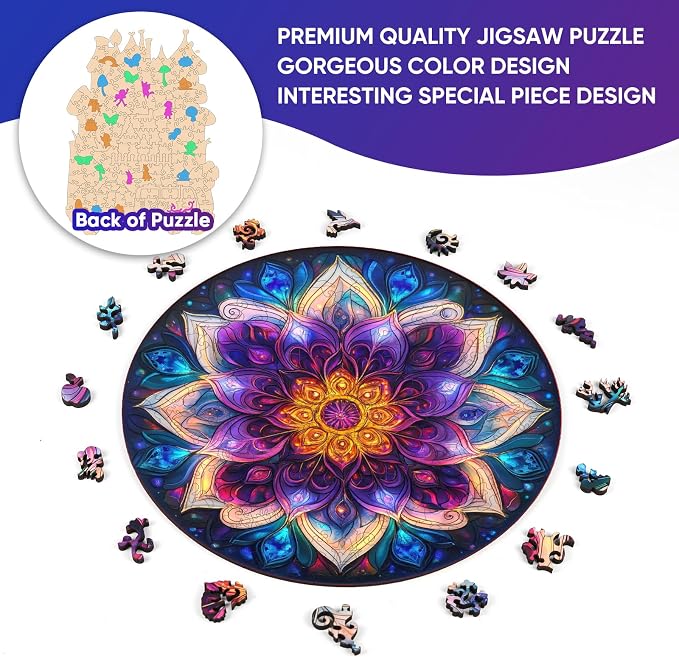 Delobil Puzzles for Adults 500 Pieces, 5MM Thick Colorful Mandala Flower Wooden Puzzles, Geometric Art Blue Round Jigsaw Puzzles for Adults and Kids, Family Game Gift Puzzle 16.5 * 16.5Inch