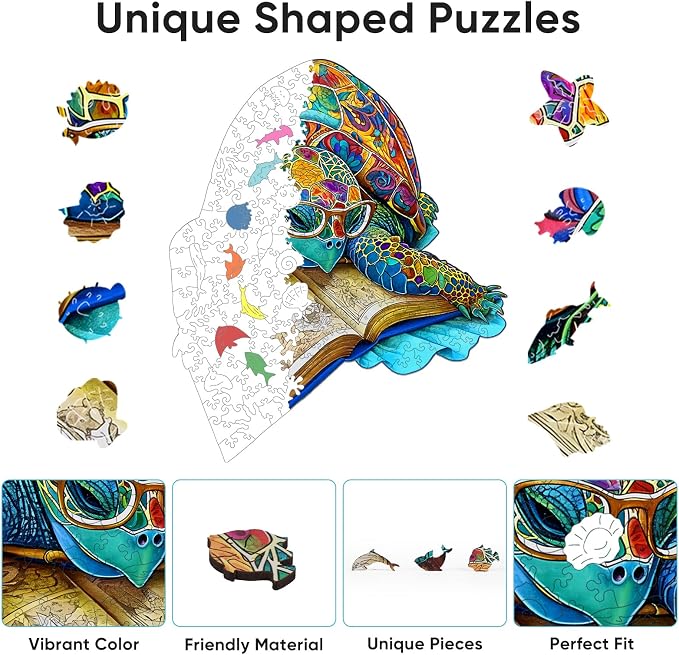 Bovearto Wooden Book Turtle Puzzle for Adults & Kids, Unique Shaped Ocean | Fun Family Game with Wooden Gift Box, Home Decor, 200 Piece (11"x11.2")