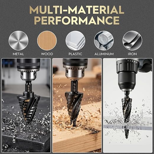 5PCS Titanium Step Drill Bit - Four Spiral Flute HSS Step Bit, 50 Sizes from 3/16" to 1-3/8", Steps Bits for Metal, Aluminum, Wood & Plastic, for Electricians & DIY