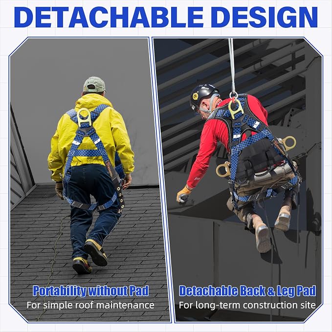 Trsmima Safety Harness Fall Protection - Full Body Harness Men Construction | Men Quick Adjust Buckles and Datachable Pad Tool Bag for Roofing Construction Workers