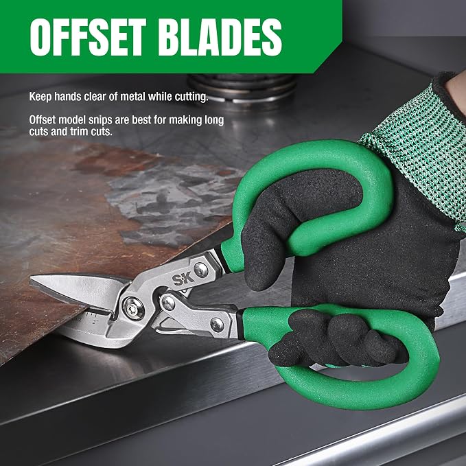 SK 10" Bent Compound Action Tin Snips, Metal Shears with Drop Forged Blades, Heavy Duty Metal Cutter Scissors, Ergonomic Handle for Comfortable Grip