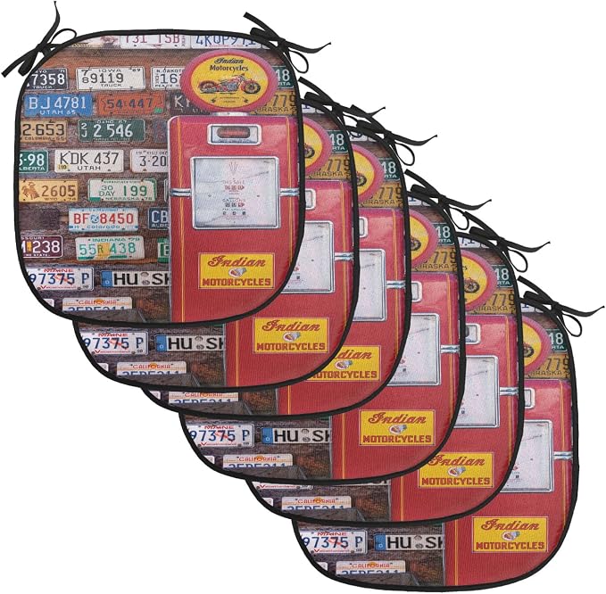 Lunarable Americana Chair Cushion Pads Set of 6, Various Old American License Plates Behind Antique Gas Pump in Rural Utah, Anti-Slip Seat Padding for Kitchen & Patio, 16"x16", Red Multicolor