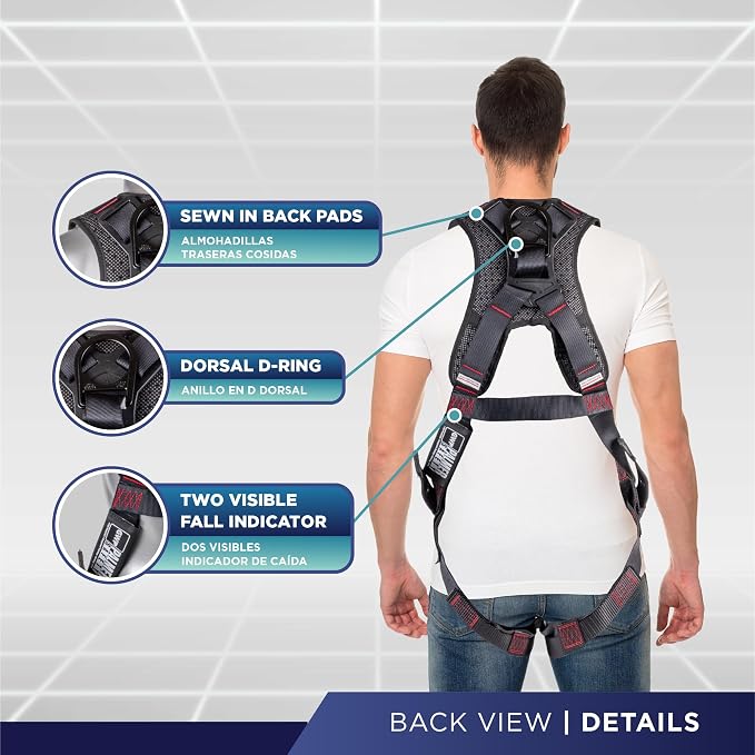 Full Body Harness with 5 Point Adjustment, Dorsal D-ring, Grommet Legs, Two Side D Rings, and Fall Indicators