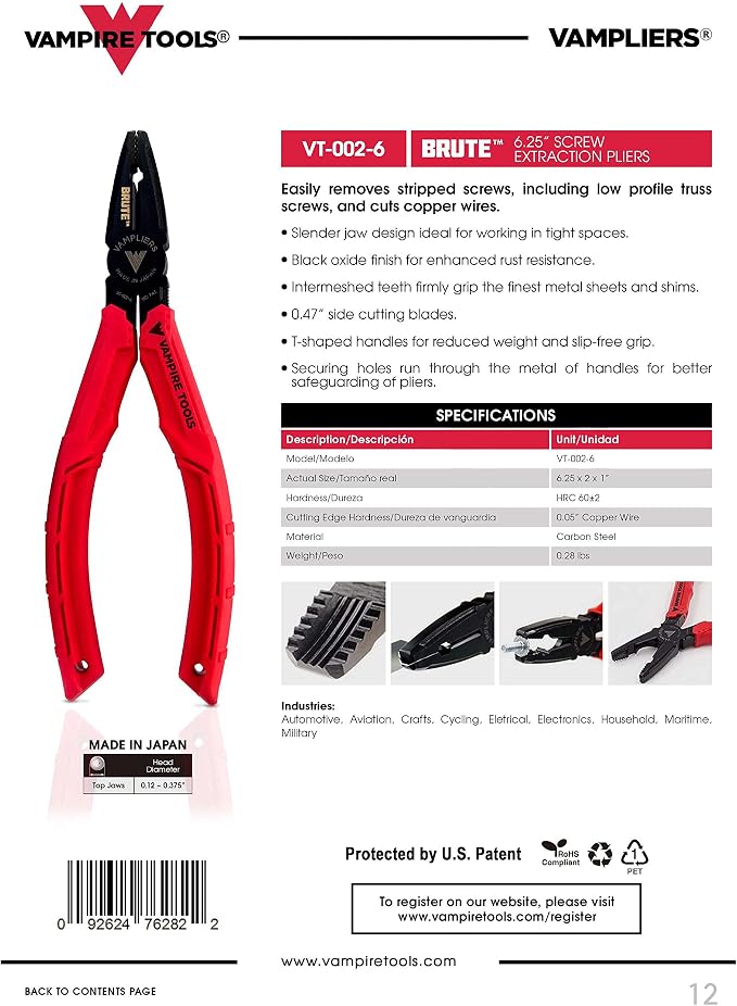 VAMPLIERS 4-Piece Screw Extractor Pliers Set. Made in Japan. High Carbon Steel Stripped Screw Removal Tools. 8" Linesman Pliers, 7.5" Long Nose, 7" Slip Joint, 6.25" BRUTE + Tool Pouch.