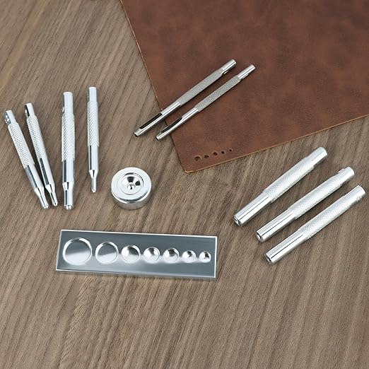 QWORK Craft Tool Die Punch Snap Kit Rivet Setter with Base, Solid Metal Construction, Extra Long Handles, Multi-Size Hole Punch & Universal Setter Base