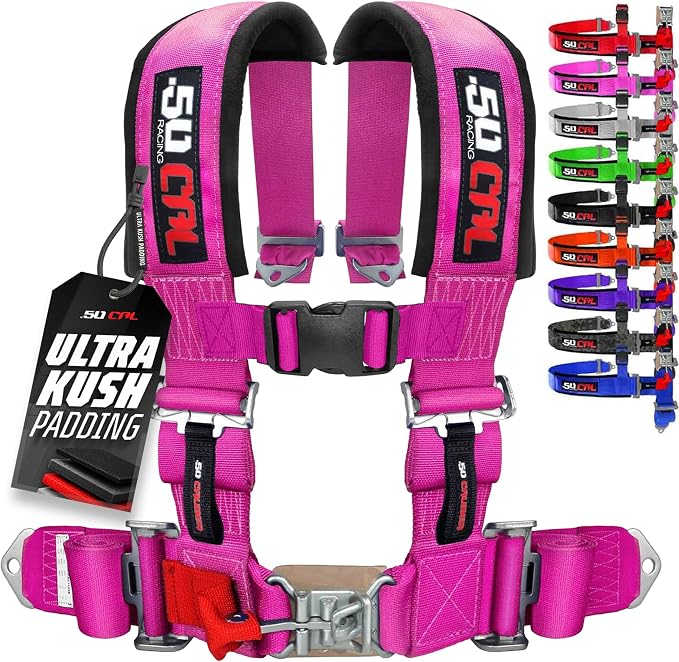 1pc 50 Cal Pink 4 Point Harness 3 inch straps, Racing Harness Seat Belt | Ultra Kush padding, Push Button quick release hardware. Universal Fit for UTV, RZR, race car