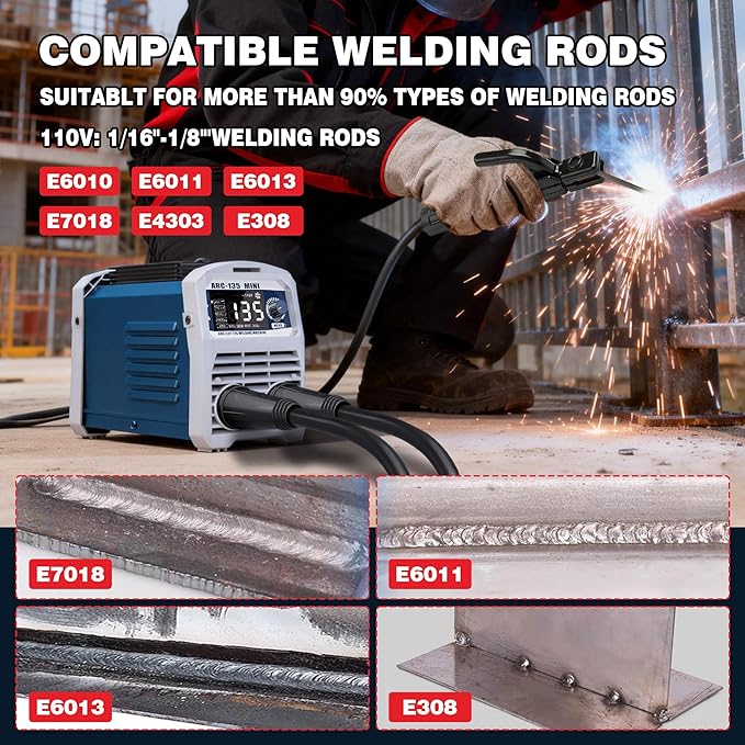 135A 110V Mini Stick Welder & Lift TIG 2-in-1 Portable Welding Machine – Large LED Display, IGBT Inverter, Hot Start/Arc Force/Anti-Stick, VRD Safe for Home DIY & Farm Repair