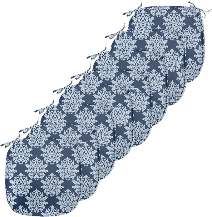 Lunarable Damask Blue Chair Seating Cushion Set of 8, Abstract Antique Royal Motif with Leaves and Swirls, Anti-Slip Seat Padding for Kitchen & Patio, 16"x16", Ceil Blue Violet Blue