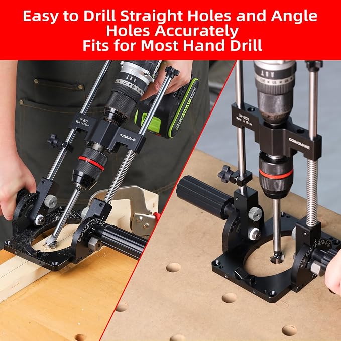 GOINGMAKE Portable Drill Guide with Positive Angle Stops from -60° to 60°, Adjustable Portable Drill Press with 1/2“ Chuck, Precision Drilling Jig Attachment for Drilling Straight and Angle Holes