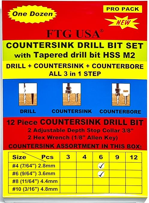 FTG USA Countersink Drill Bit Set 6 Pc #4 (7/64"), 6 Pc #6 (9/64") Tapered Countersink Bit, Stop Collar, Hex Wrench, Woodworking Countersink Drill Bits
