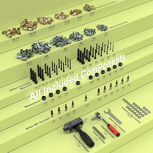 Rivet Nut Drill Adapter Kit - Dual Drive Modes: Drill/Ratchet, with 270pcs Nuts & 36pcs Mandrels (Gray)