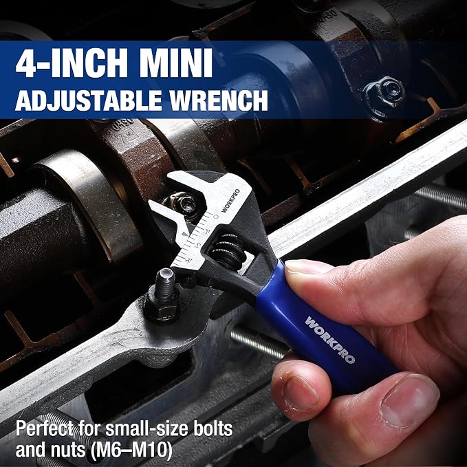 WORKPRO 4-Inch Mini Adjustable Wrench, Cr-V Steel Wide Jaw Black Oxide Wrench for Small Nuts, Metric & SAE Scales, for Home, Workshop and DIY (Pack of 2)