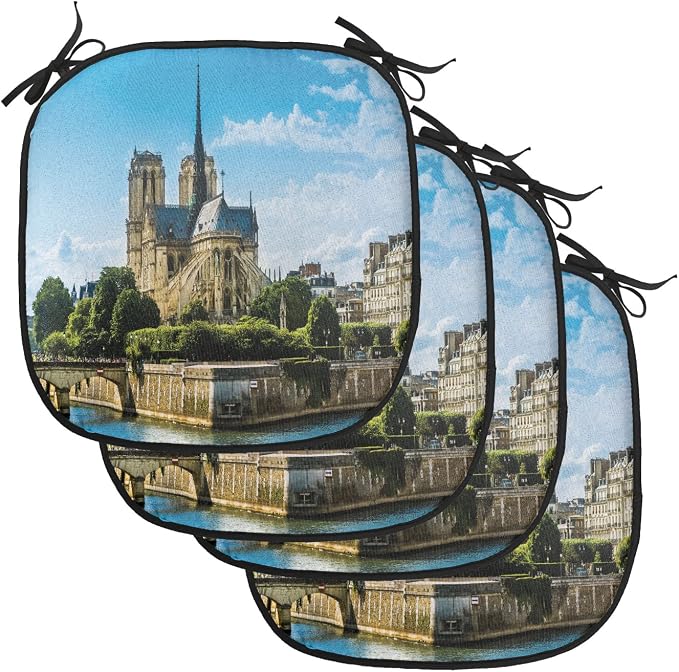 Lunarable Paris Chair Cushion Pads Set of 4, Notre-Dame Building Paris Monument Travel Destinations Photo, Anti-Slip Seat Padding for Kitchen & Patio, 16"x16", Pale Coffee Pale Blue