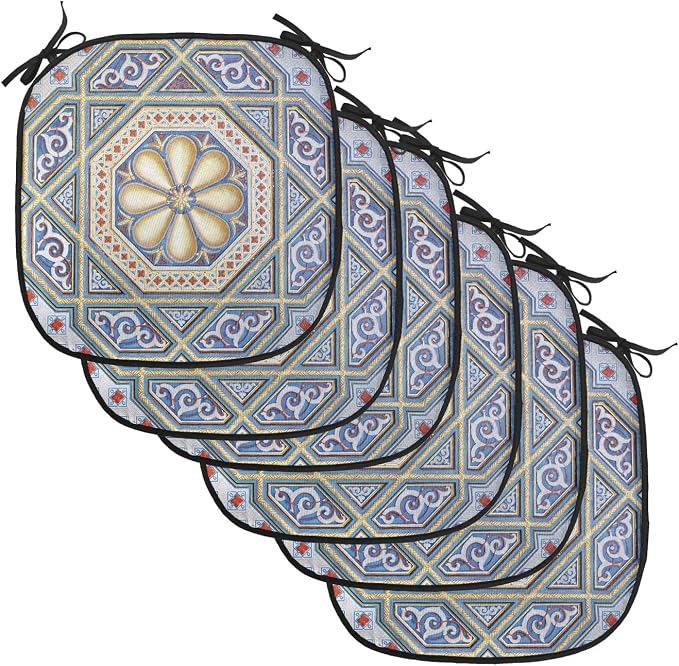Lunarable Moroccan Chair Cushion Pads Set of 6, Image of a Carving Art Flower Doorway Entrance Geometric, Anti-Slip Seat Padding for Kitchen & Patio, 16"x16", Blue Pale Yellow Redwood