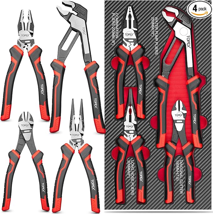TOPEX 4 Piece Pliers Set with Ergonomic Non-Slip Handle (190 mm Diagonal Cutters, 200 mm Combination Pliers, 200 mm Long Nose Plier, 250 mm Water Pump Plier) for Demanding Tasks & Home Use