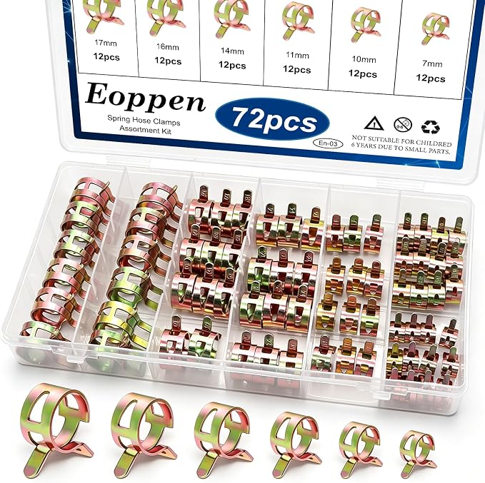 72Pcs Spring Hose Clamps Fuel Line Silicone Vacuum Hose Low Pressure Air Clamps & Sleeving Automotive Replacement Fastener Assortment Kit 6 Sizes (7mm 10mm 11mm 14mm 16mm 17mm)