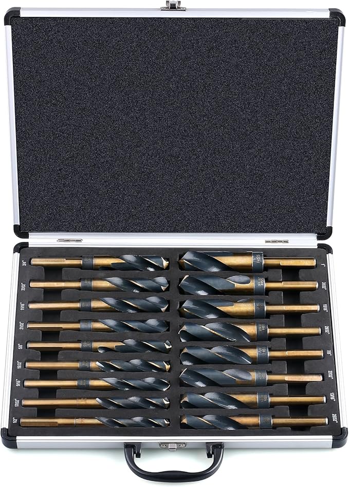 EFFICERE 17-Piece Premium 1/2” Reduced Shank Silver and Deming Drill Bit Set | Large and Jumbo Standard SAE Drill Size from 1/2” to 1” by 1/32th Increment | M2 High Speed Steel, 135-Degree Split Point