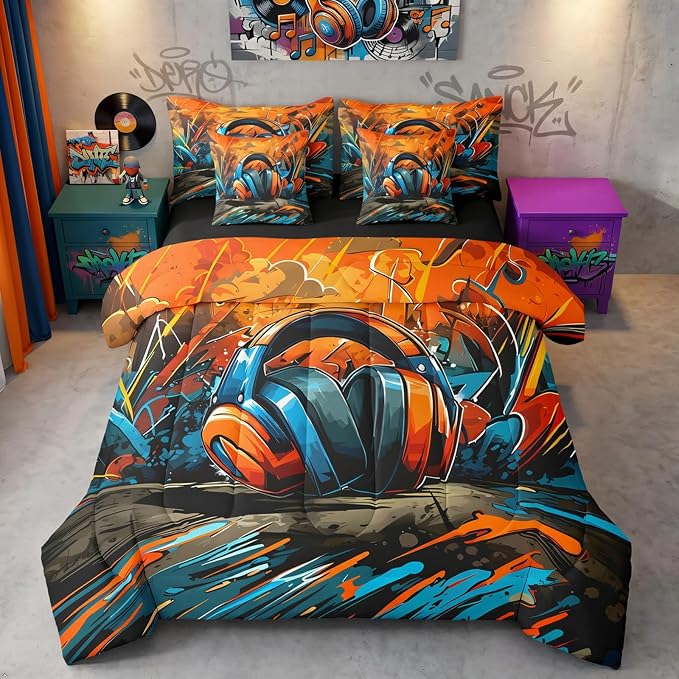 Erosebridal Gaming Headset Comforter Set 7 Piece Bed in a Bag Twin | Graffiti Gamer Bedding Sets Doodle Style Comforter and Sheet Set, Gaming Headphones Bed Sets