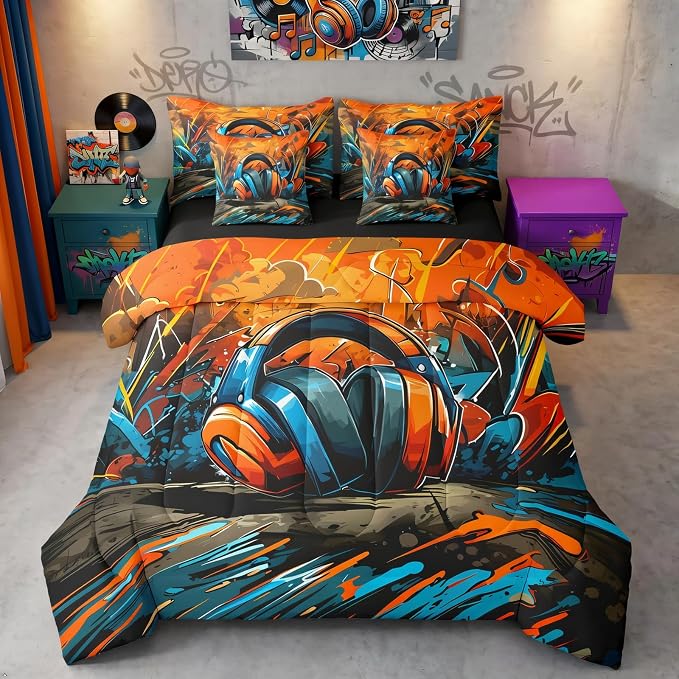 Erosebridal Gaming Headset 7 Piece Comforter Set Full Bed in a Bag | Graffiti Gamer Bedding Sets Doodle Style Comforter and Sheet Set, Gaming Headphones Bed Sets