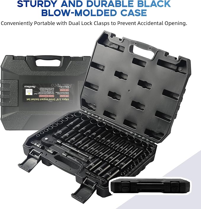 Reniteco 64-Piece 3/8" Drive Socket Set, SAE 5/16"-1", Metric 6-24mm, Cr-V | Deep & Shallow Sockets, 72-Tooth Ratchet Wrench, Extension Bars, 1/2"F-3/8"M Reducer, Universal Joint, Drill Adapter