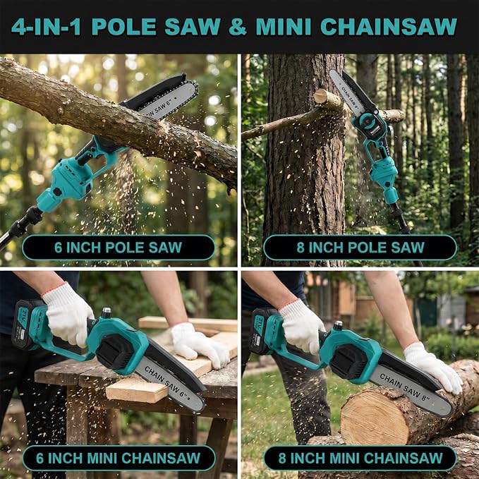 TNELTUEB 4-In-1 Cordless Pole Saw & Mini Chainsaw, 6"&8" Pole Saws For Tree Trimming with 15.6ft Extendable Pole, 180° Adjustable Angle, 1000W Brushless Motor, Electric Chainsaw with 2×4.0Ah Batteries
