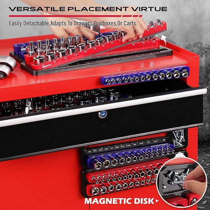 Magnetic Socket Holder Organizer Set: 6-Piece Detachable 1/2 3/8 1/4 Drive Sockets Storage Tray Magnetic Socket Organizer Tool Box Drawer Tool Box Organizers Storage Metric SAE (Sockets Not Included)