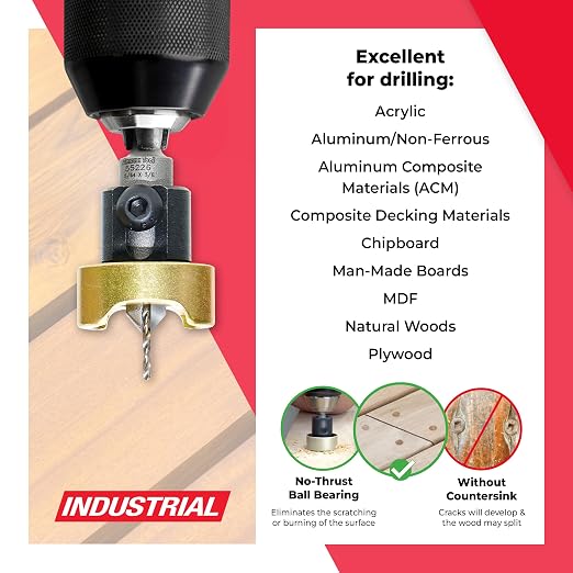 Amana Tool 82 Degree Countersink with Drill Bit Depth Stop and No-Thrust Ball Bearing, 55226, 3/8 D x 5/64 Drill D 1/4 Inch Quick Release Hex Shank