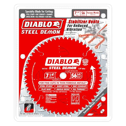 Diablo Steel Demon Carbide Saw Blade for Thin Metal - 7-1/4" Diameter | Ideal for Mild Steel Cutting - 56 TCG Teeth, 5,800 Max RPM - D0756F