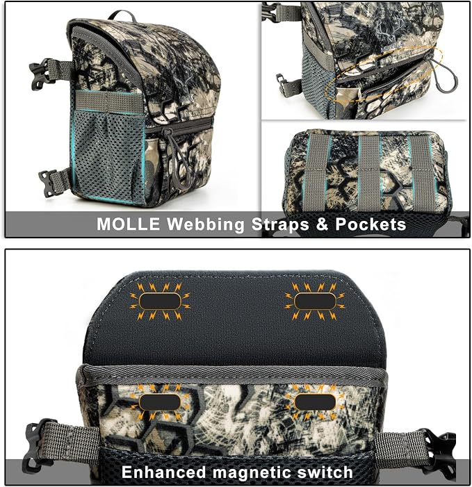 Binocular Harness Chest Pack: Bino Case, Magnetic Lid, Rain Cover | Silent one-hand access, water-resistant fabric, MOLLE webbing for hunting, birdwatching and hiking