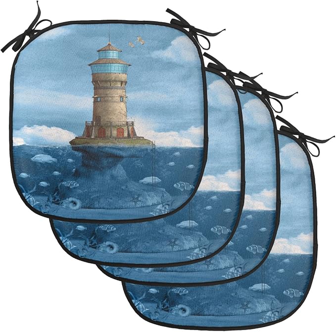 Lunarable Lighthouse Chair Cushion Pads Set of 4, Lighthouse Seagulls Birds Architecture Maritime Reef Fish Undersea Scenic View, Anti-Slip Seat Padding for Kitchen & Patio, 16"x16", Blue Brown