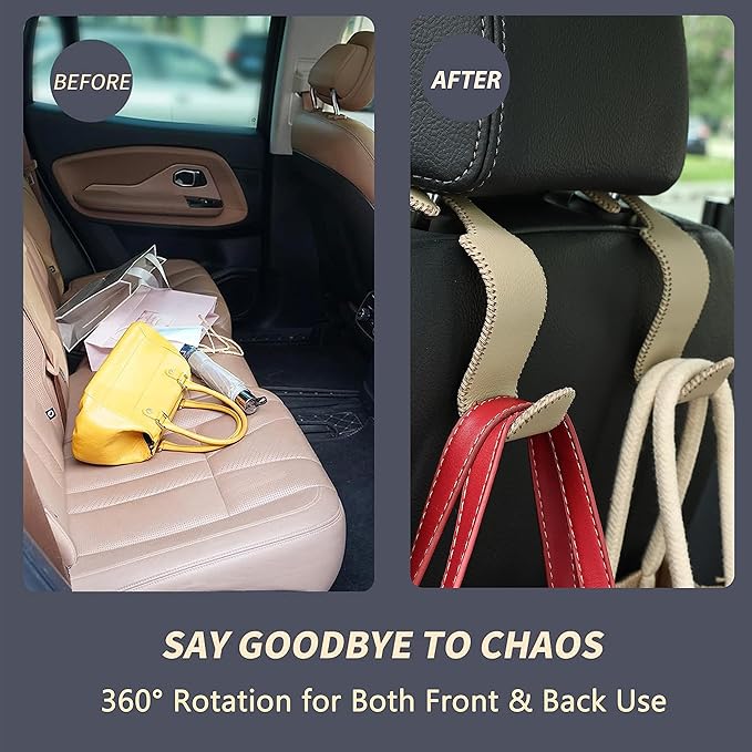 Amooca Car Seat Headrest Hook 4 Pack Metal Core Hanger Universal Car Storage Organizer for Handbag Purse Coat S Type Leather Beige