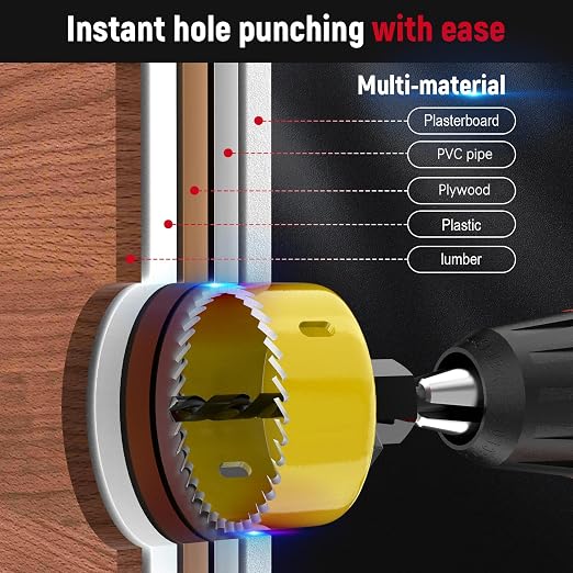 12-Piece Hole Saw Kit, Includes 8 Sizes (3/4" to 2-1/2"), Arbors, Drill Bits, and Hex Key, Ideal for Softwood, Plywood, and PVC（Yellow）