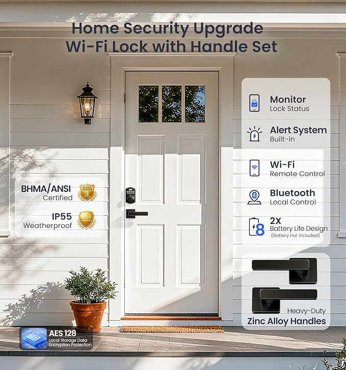 Veise VE012W-L WiFi Fingerprint Deadbolt Lock with Handle Set, Matte Black | Built-in WiFi, APP Remote & Voice Control, Real-time Alert, Smart Keyless Entry for Front Door, Back-Lit Keypad, Auto Lock