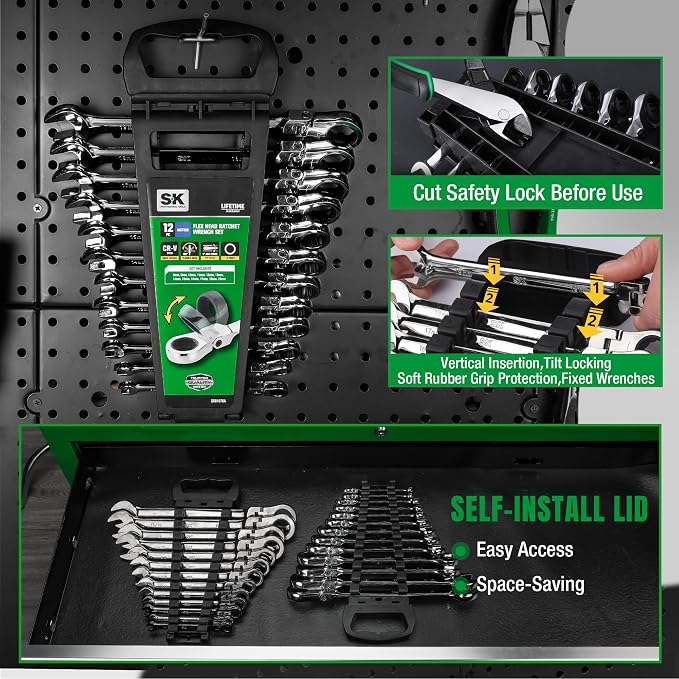SK Flex Head Ratcheting Wrench Set, Metric 8 to 19mm, 12-Piece, 72-Tooth | Ratchet Wrenches Set, Combination Wrench Set, Chamfered Head Design, Premium CR-V Steel, Rack Organizer
