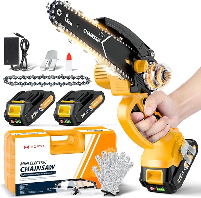 Mini Chainsaw- 6 Inch Electric Mini Chain Saw Cordless Battery Powered One-Hand Tree Trimming Saw with 2 Batteries, Portable Gardening Gadgets for Men, Unique Birthday Gifts (Yellow)