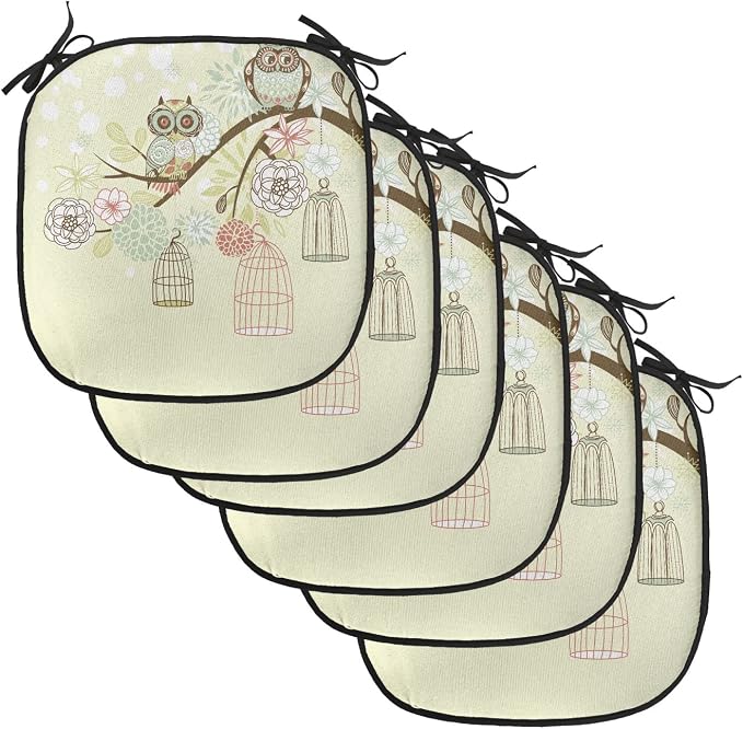Lunarable Owls Chair Cushion Pads Set of 6, Winter Floral Background Blossoms Owls Out of Their Cages Birdcage Freedom, Anti-Slip Seat Padding for Kitchen & Patio, 16"x16", Pale Green Brown White