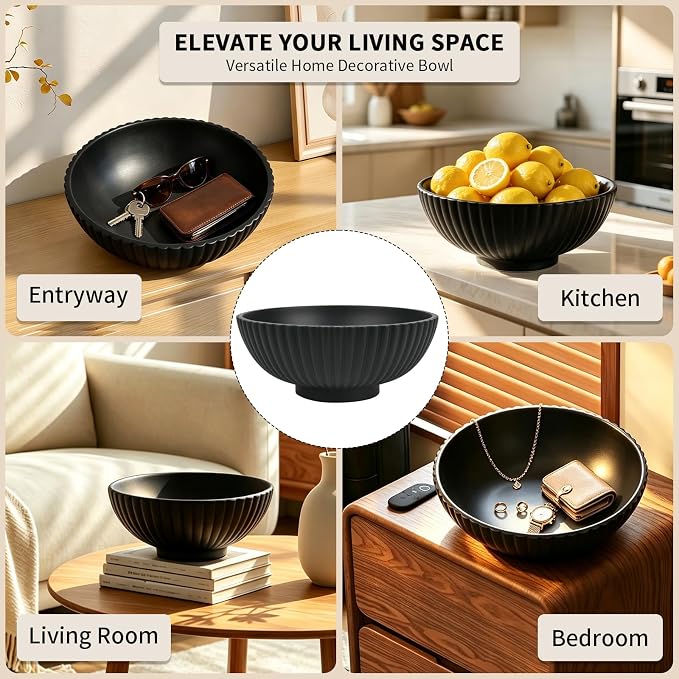 L'ARL GMVOI Large Decorative Bowl,Modern Handicraft Bowls for Home Decor,Fruit Bowl for Kitchen Counter,Stylish Key Bowl for Entry Table,Artificial Stone Black