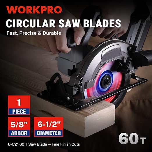 WORKPRO 6-1/2 Inch Woodworking Circular Saw Blade, 60T Fine Finish Plywood & Trim Cutting, Thin Kerf, Carbide Tipped, ATB Tooth, 1-Pack