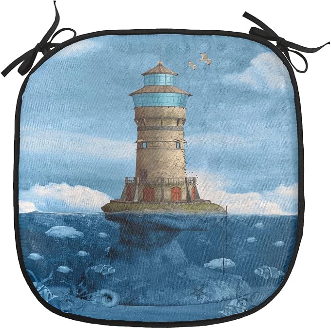 Lunarable Lighthouse Chair Cushion Pads Set of 4, Lighthouse Seagulls Birds Architecture Maritime Reef Fish Undersea Scenic View, Anti-Slip Seat Padding for Kitchen & Patio, 16"x16", Blue Brown