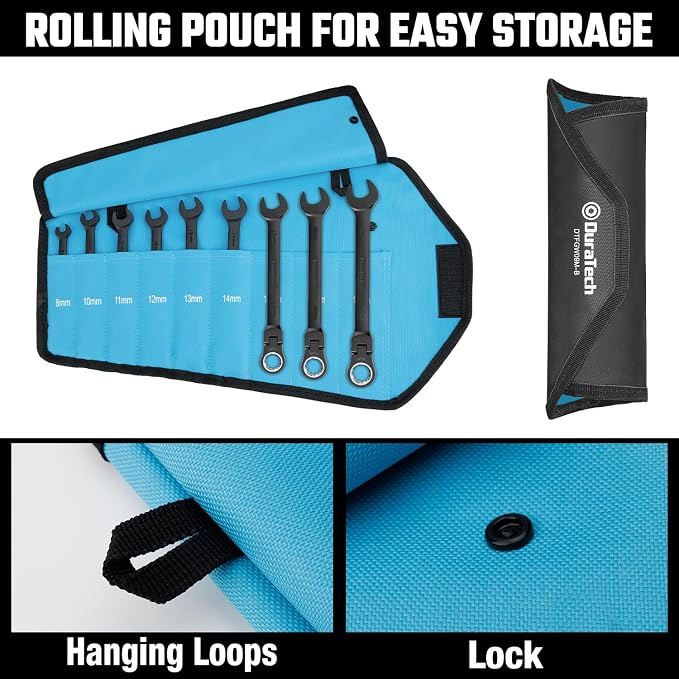 DURATECH 9-Piece Flex-Head Ratcheting Wrench Set, Metric | 8mm, 10mm, 11mm, 12mm, 13mm, 14mmm, 15mm, 16mm, 17mm,72 Tooth, Black E-Coating, CR-V Steel, Rolling Pouch