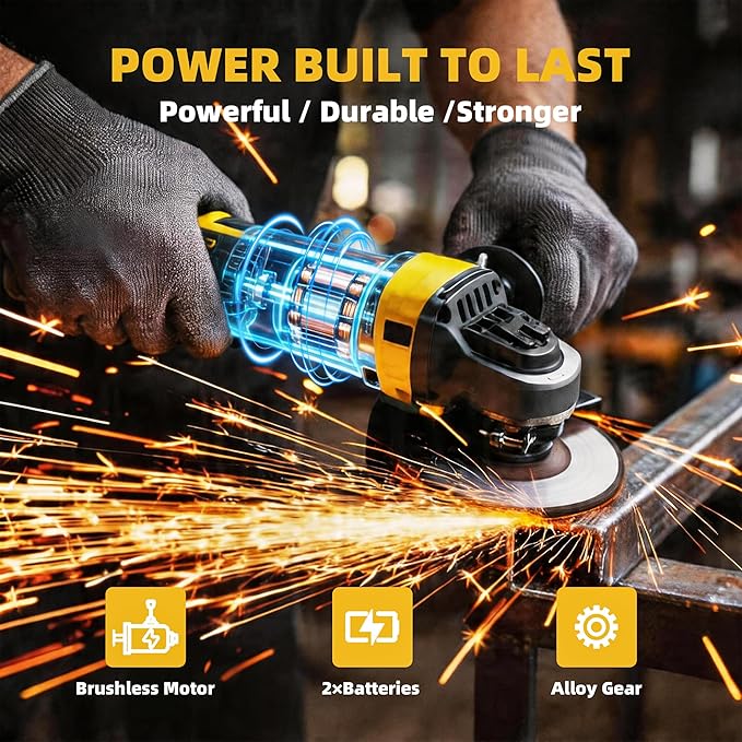 Cordless Angle Grinder: 4-1/2 Inch Brushless Battery Grinder Tool with 2X 4.0Ah Batteries＆Charger, Power Angle Grinders for Cutting, Rust Removal, Grinding, and Polishing
