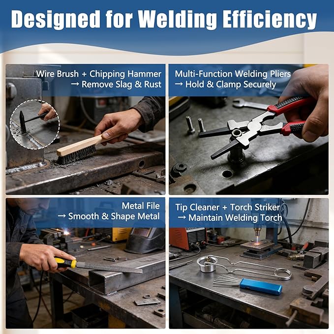 Welding Accessories Kit, 20-Piece Welding Tool Set with Storage Bag, Chipping Hammer, Leather Welding Gloves, Soapstone Holder, Wire Brush, Fillet Gauge, Pliers, Adjustable Wrench, Half-Round File