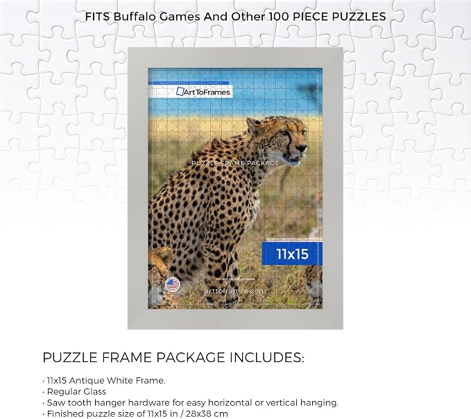 ArtToFrames Puzzle Frame for Buffalo Games 100 Piece Jigsaw Puzzles, 11x15 Inch (28x38 cm), Antique White Engineered Wood with Regular Glass, Ready to Hang Puzzle Display