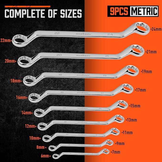 HORUSDY 9-Pieces Metric Offset Box Wrench Set with Rolling Pouch, 50-Degree, Metric 6-24mm, CR-V Steel
