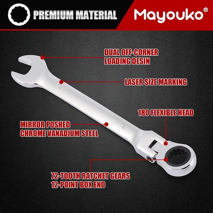 Mayouko 16-Piece Flex-Head Ratcheting Combination Wrench Set, Metric 6-22mm, 72-Teeth, CR-V Steel, With Rolling Pouch