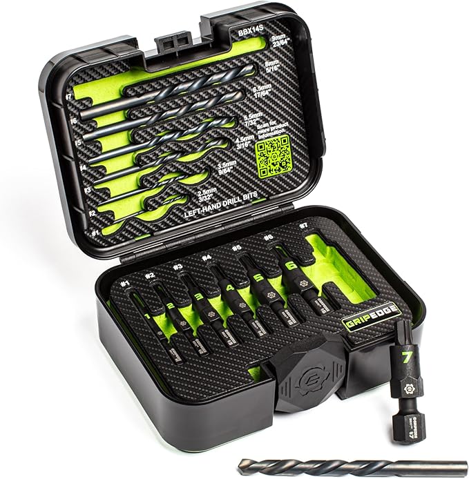 GRIPEDGE Tools | 14PC G-FORS Extractor Set | Sizes #1 - #7 | Left Hand Drill Bits Included | Removes Broken Studs, Stripped Bolts/Screws | Includes Premium Plastic Case with Foam Insert |